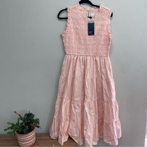 Crown & Ivy  X society Social smocked tiered midi dress pink & white floral NEW